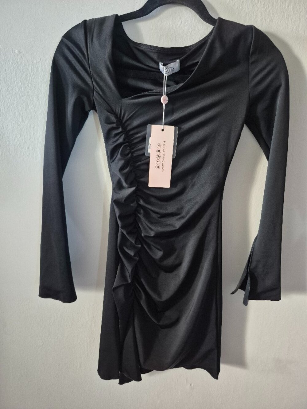 Oh Polly Black Ruched Bodycon Mini Dress Long Sleeve US 0 NWT